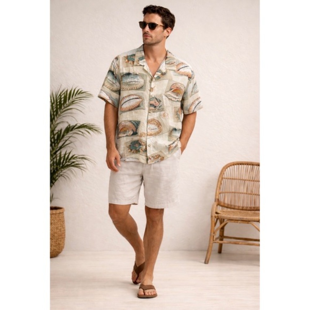 Jams World Seashell Print Rayon Hawaiian Camp Shirt large Button Up Beach Travel